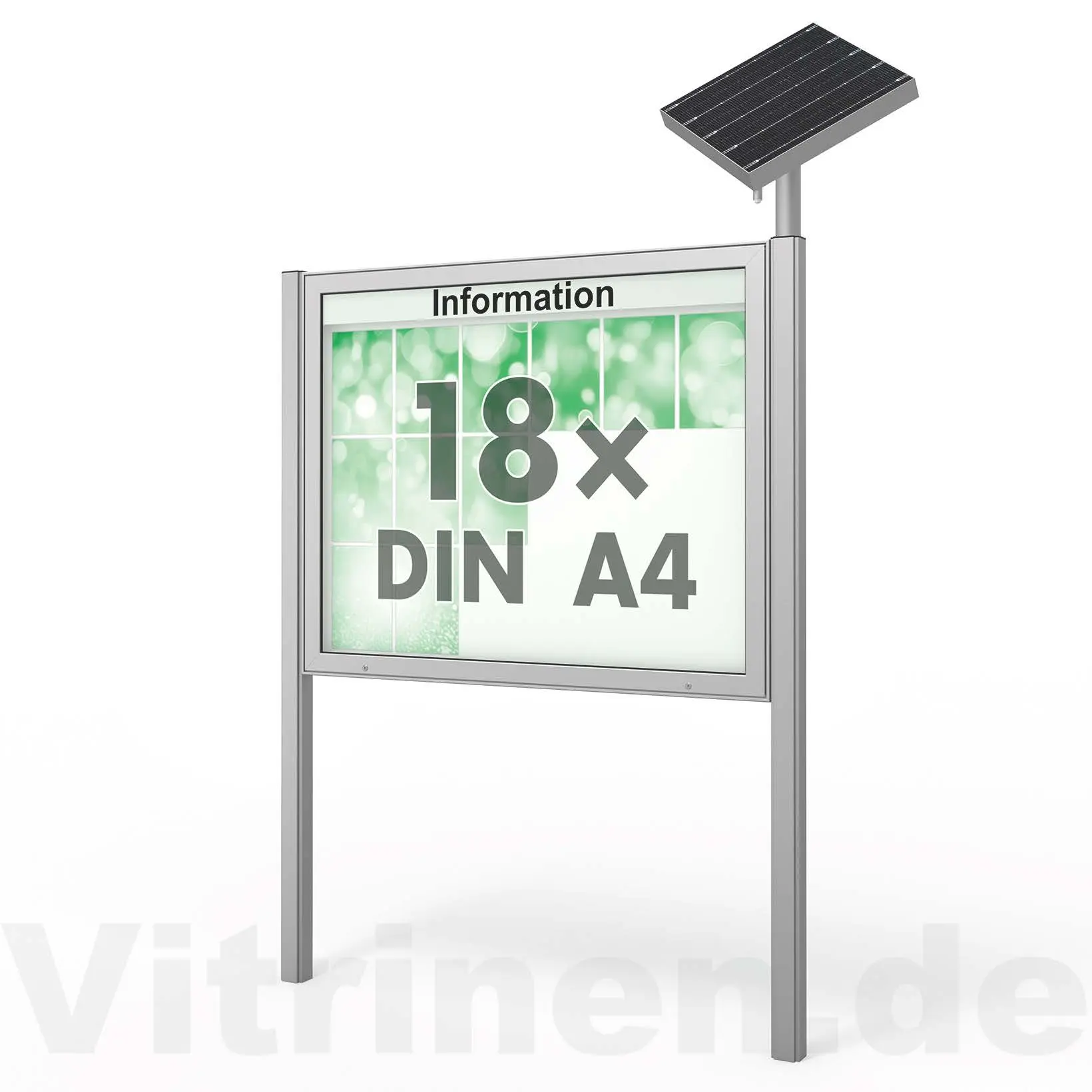 18 x DIN A4 Schaukasten Plenum eckig - der "Klassiker" mit Solar-Modul und Pfosten - Bautiefe 65mm